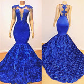 BMbride Royal Blue Mermaid Sexy Flowers Sleeveless Sheer Evening Dress BMbride